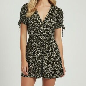 Black Floral Babydoll Dress Flutter Sleeve Tie XL Gardencore Bloomcore Boho